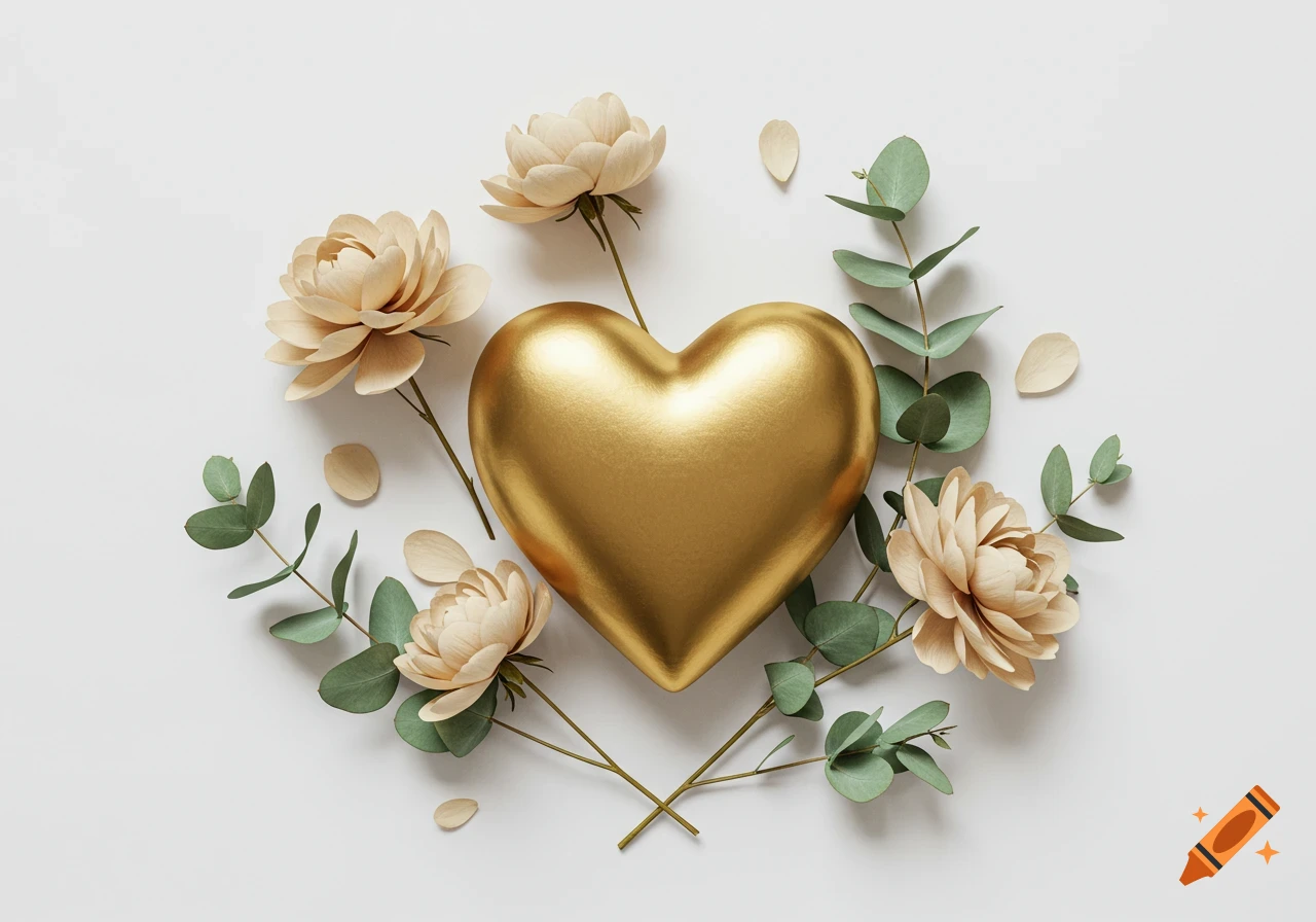A golden metallic heart surrounded by beige flowers and eucalyptus leaves on a white background.