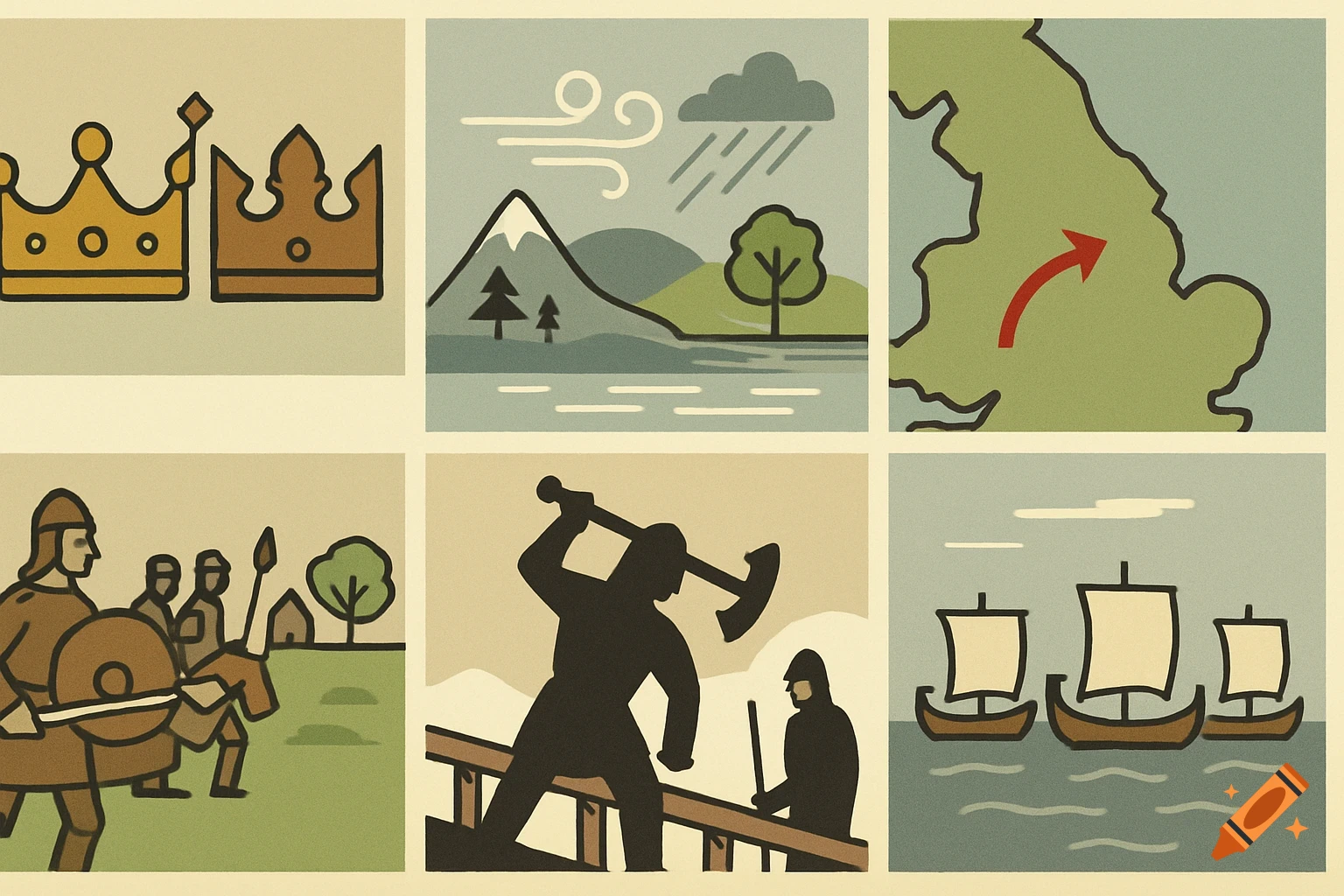 Six stylized illustration panels depicting crowns, a stormy landscape, a map of England, medieval soldiers, an axeman, and Viking ships.