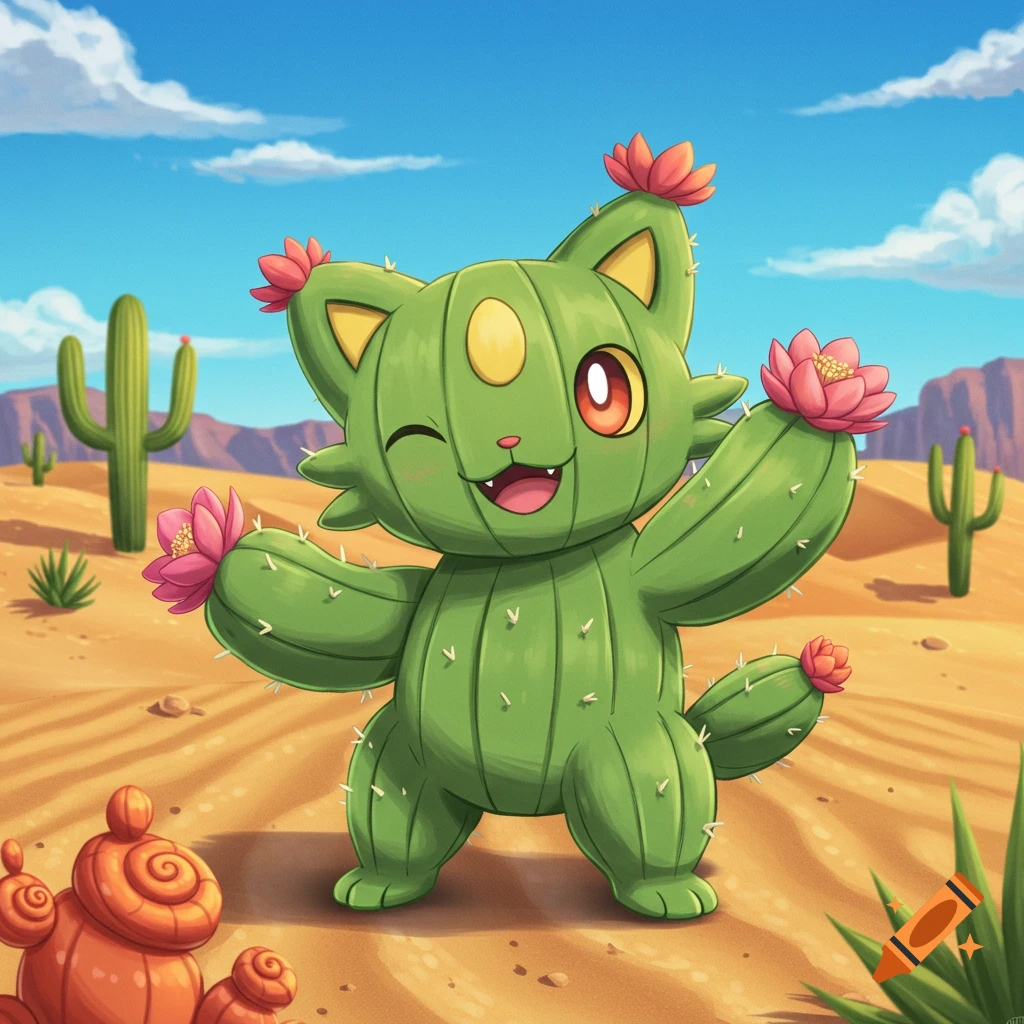A cute green cactus cat Pokémon character with pink flowers winks in a sunny desert landscape.