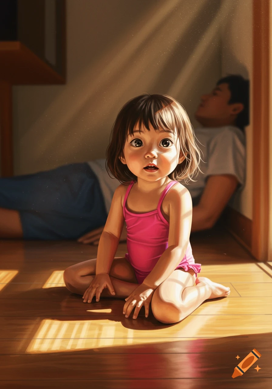 A wide-eyed young girl in a pink swimsuit sits on a sunlit wooden floor, an adult blurred in the background, in an illustrative style.