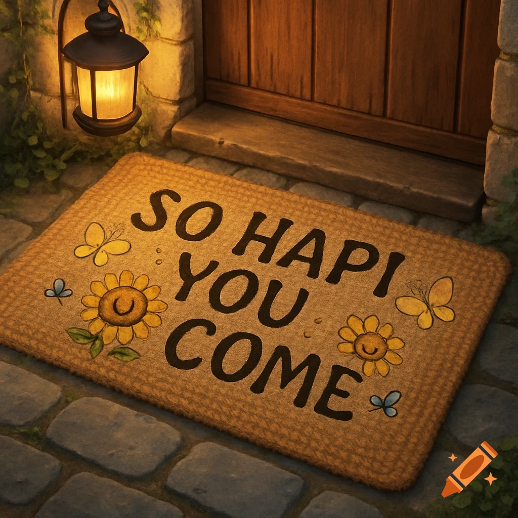 A cozy illustration of a welcome mat with 'SO HAPI YOU COME', sunflowers, and butterflies on stone steps by a wooden door with a lit lantern.