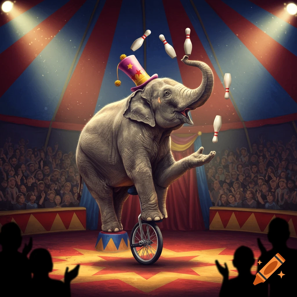 A cartoon elephant in a top hat rides a unicycle and juggles bowling pins inside a circus tent before an audience.