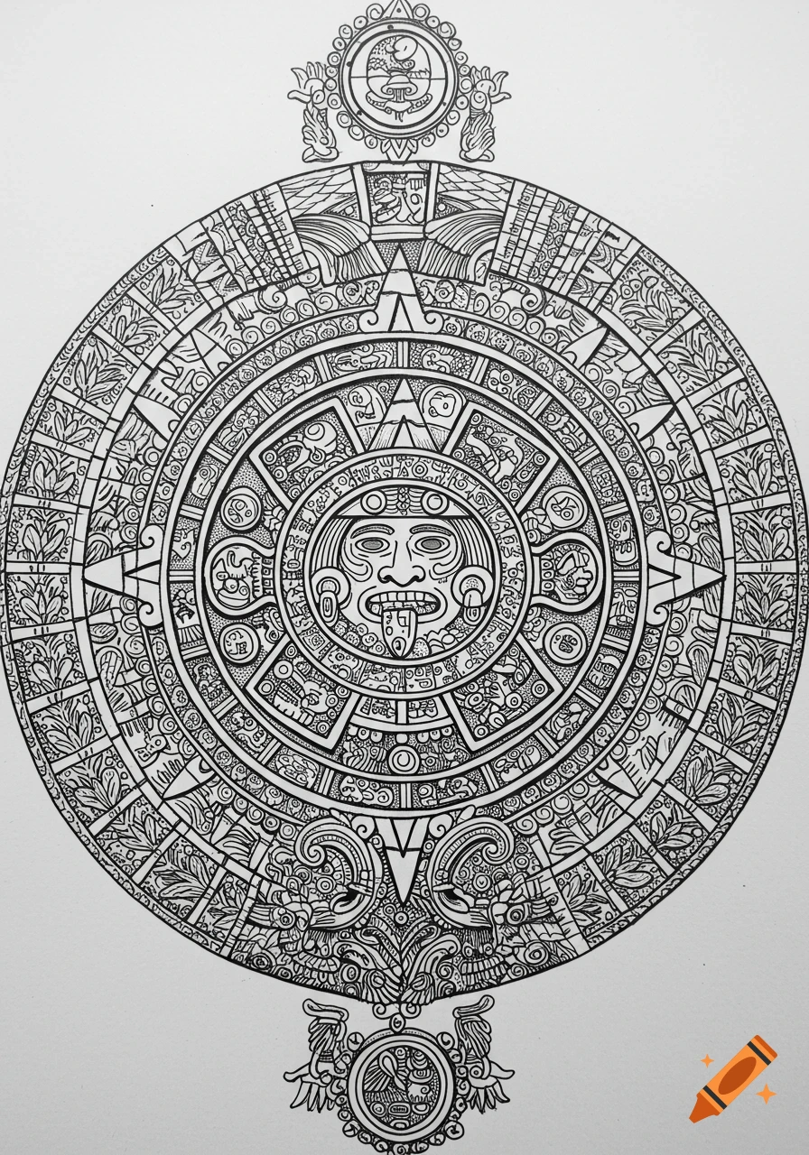 Detailed black and white line drawing of a Mayan calendar stone.