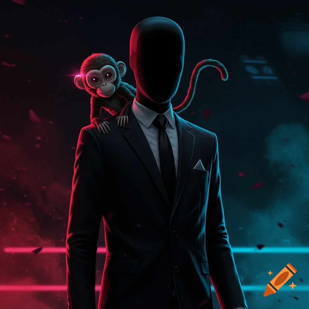 Anime style image of a faceless man in a dark suit with a monkey on his shoulder, against neon red and blue lights.