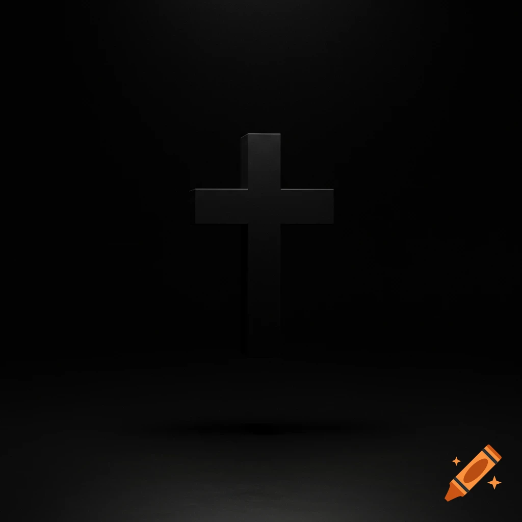 A minimalist image of a black cross floating against a dark, slightly reflective black background.