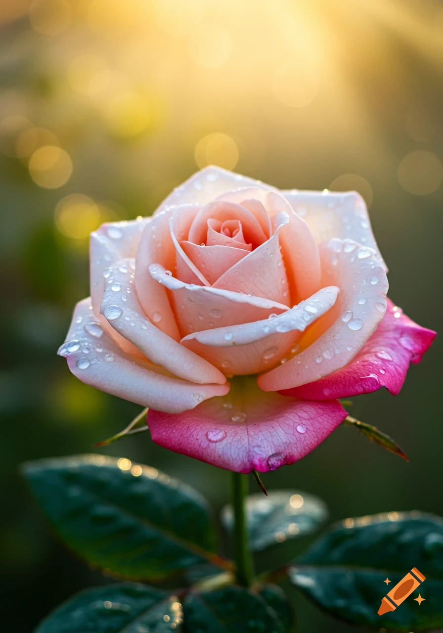 Close-up of a beautiful pink and white rose covered in dew drops, illuminated by golden sunlight.