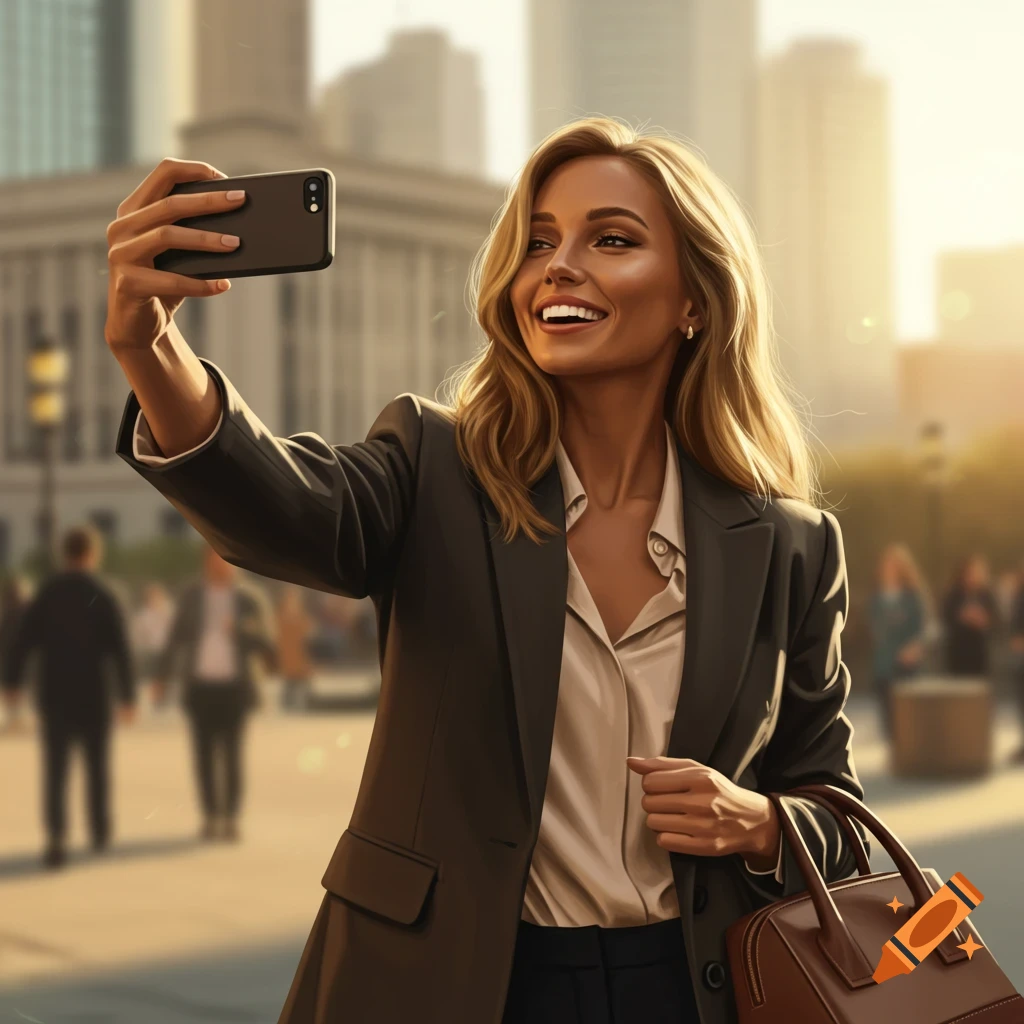 A happy businesswoman in a blazer takes a selfie with her phone on a sunny city street.