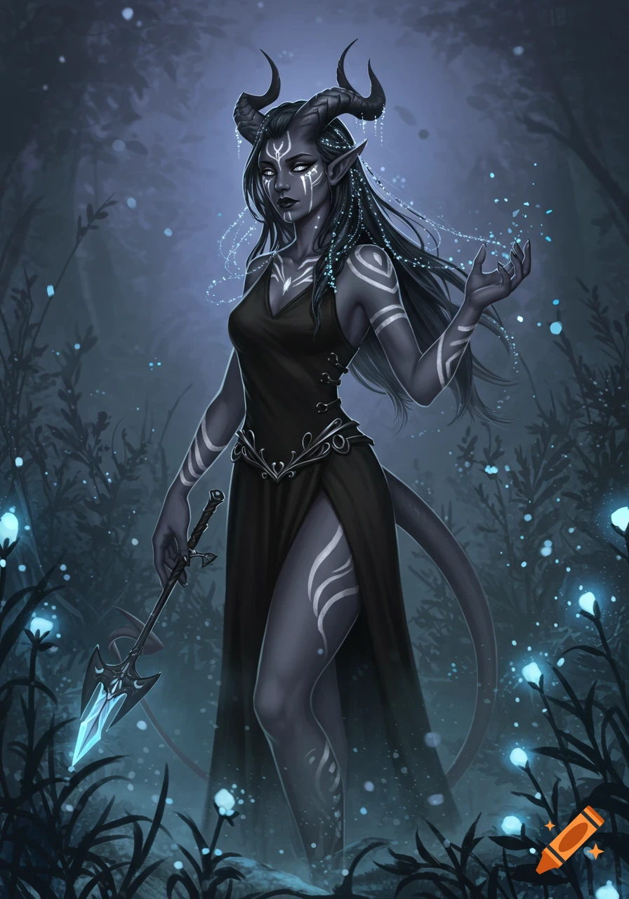 An illustrated dark-skinned female tiefling with horns and white body markings, holding a glowing spear in a dark, magical forest.