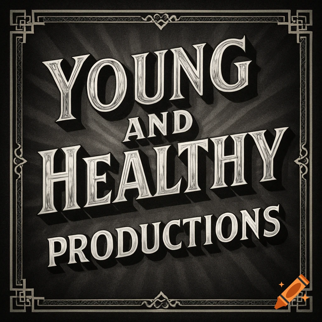 Black and white vintage 1930s Hollywood movie title card for 'Young and Healthy Productions' with decorative border.