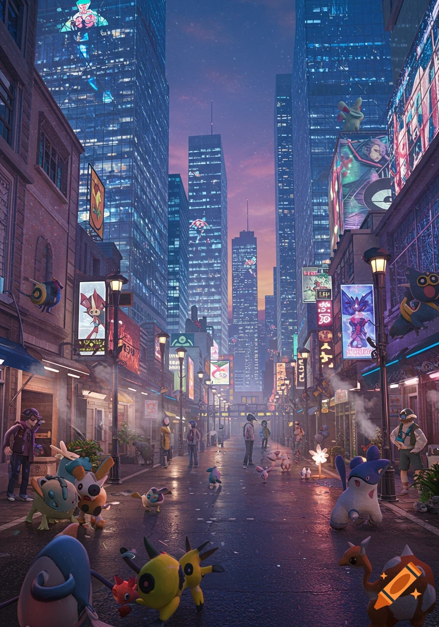 Pokemon and people roam a wet, neon-lit street in a futuristic city at dusk, surrounded by tall skyscrapers and glowing signs.