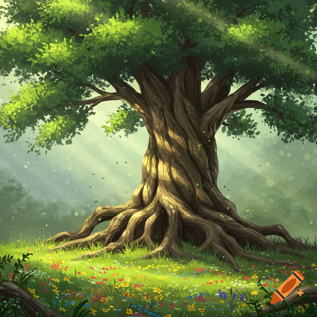 Stylized illustration of a large, ancient tree with exposed roots surrounded by colorful wildflowers in a sun-drenched forest.