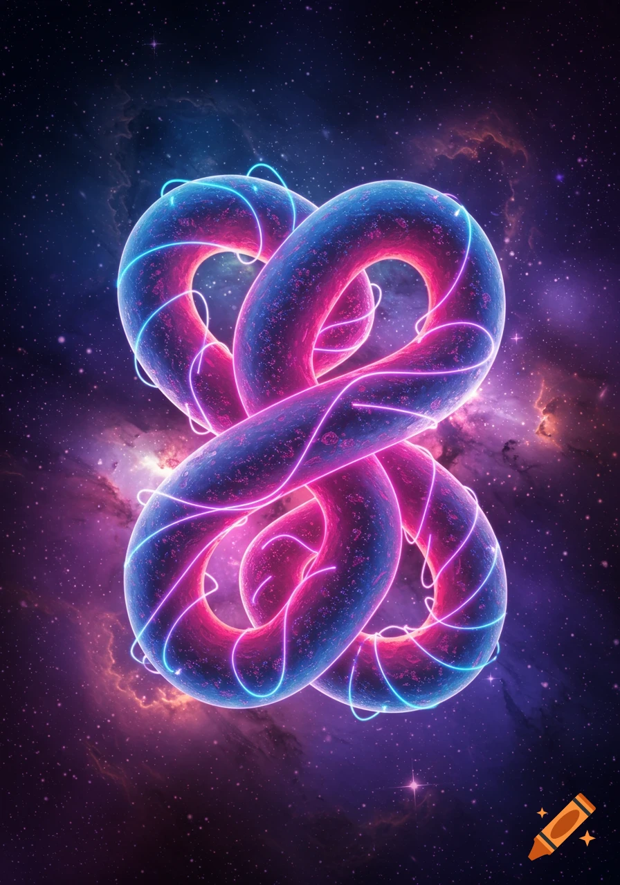 A glowing blue and pink intertwined tubular shape resembling an infinity knot against a cosmic nebula with stars.