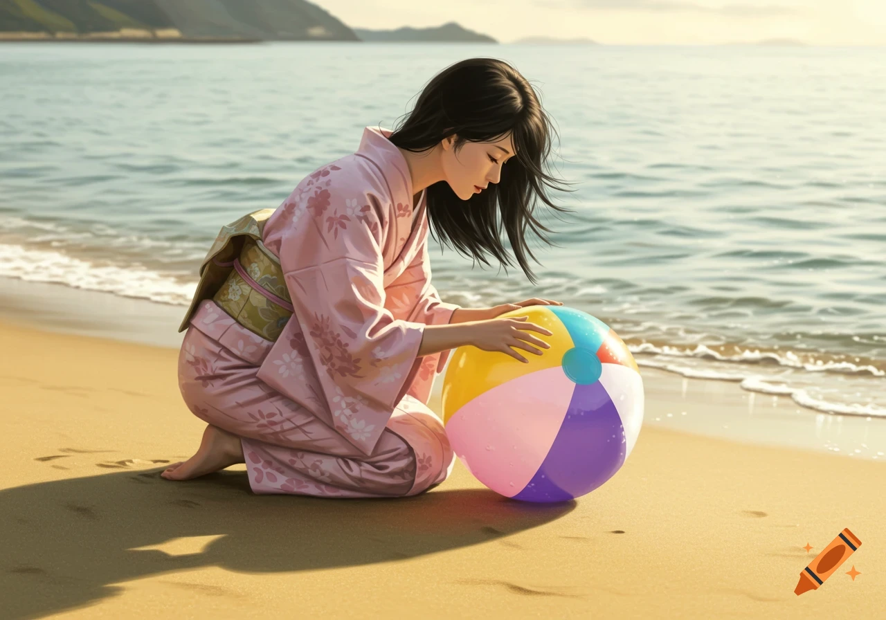 Photorealistic image of a Japanese woman in a pink kimono kneeling on a sandy beach, touching a colorful beach ball with the ocean in the background.
