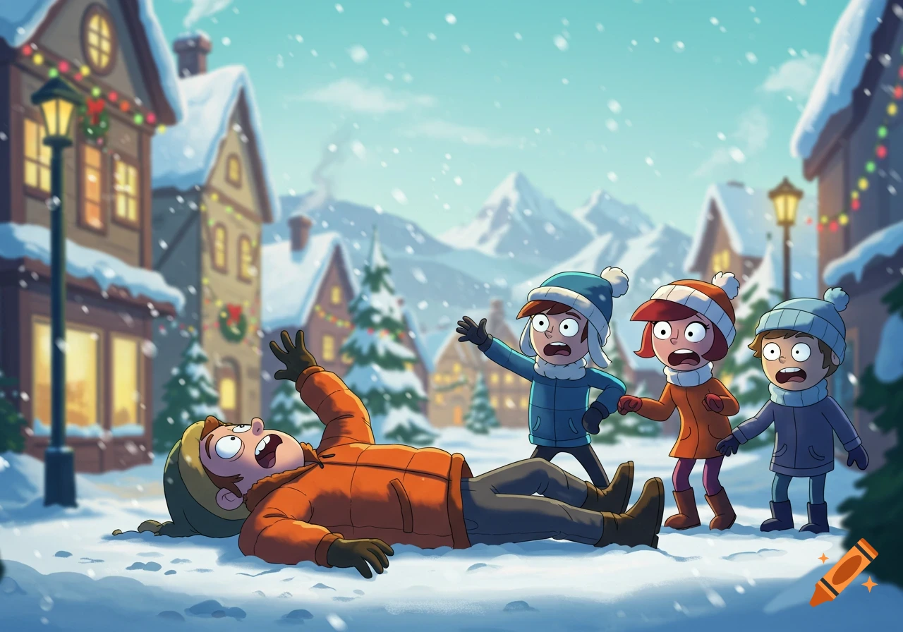 Cartoon children in winter coats in a snowy village. One child lies in the snow, three others look on with shock.