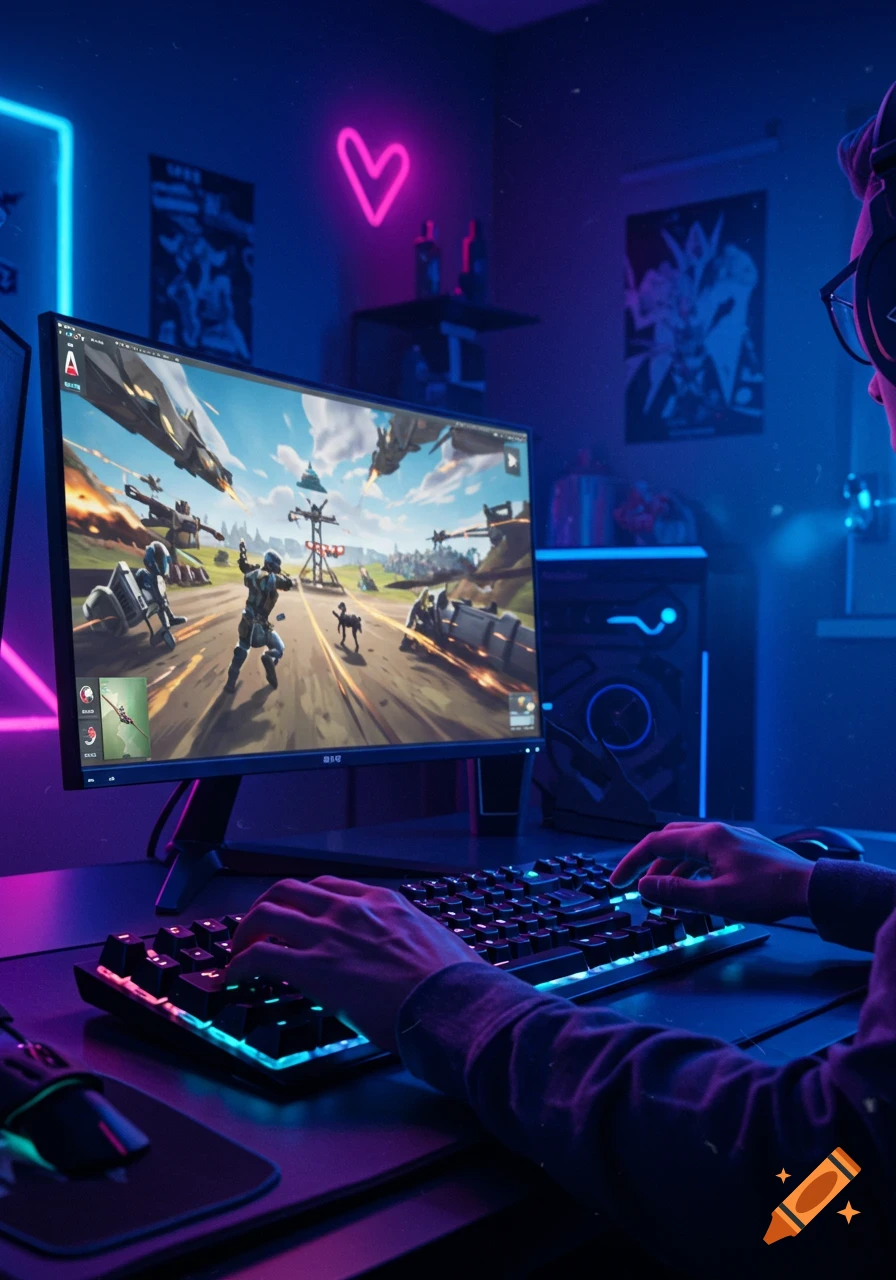 Over-the-shoulder view of a person playing a vibrant video game on a monitor, with a glowing keyboard and mouse in a neon-lit room.
