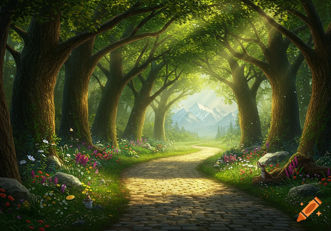 A sunlit cobblestone path winds through a lush fantasy forest filled with wildflowers, leading towards snow-capped mountains in the distance.
