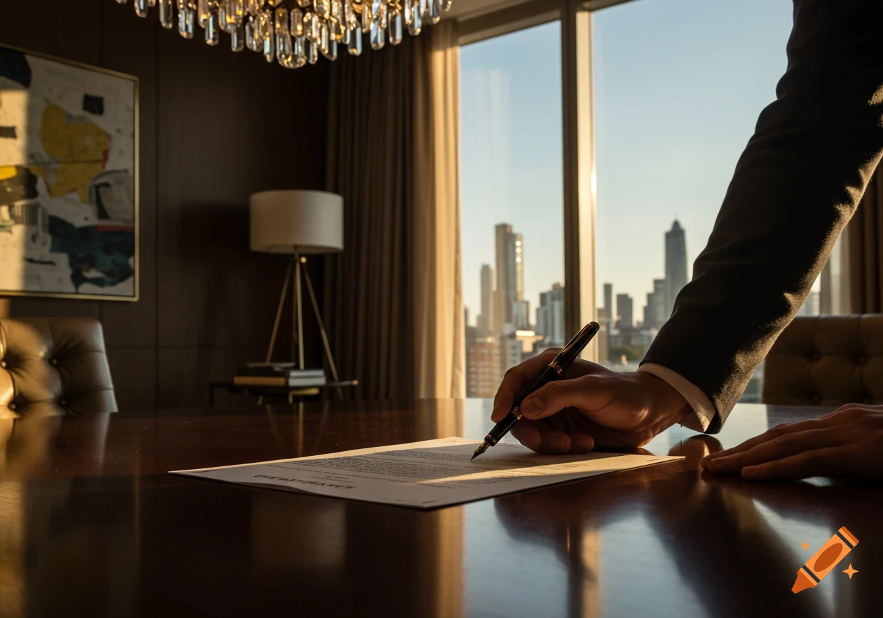 A close-up of a person in a suit signing a contract with a pen on a polished wooden desk, with a city skyline in the background.