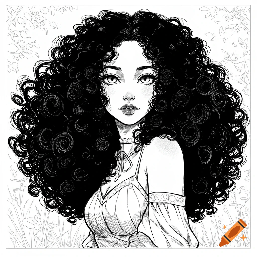 Line art illustration of an anime girl with voluminous black curly hair, wearing a strappy top, against a simple foliage background.