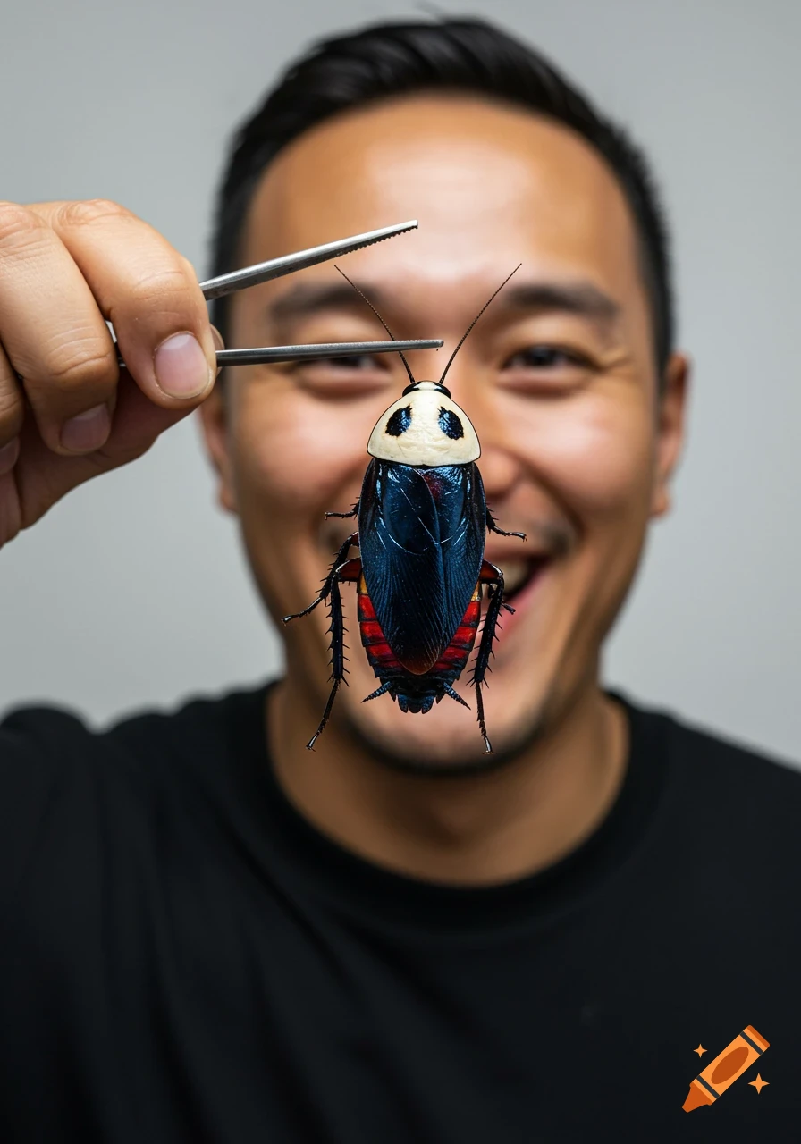 A smiling man holds a large, colorful cockroach with white, blue, and red markings in tweezers, against a light background.