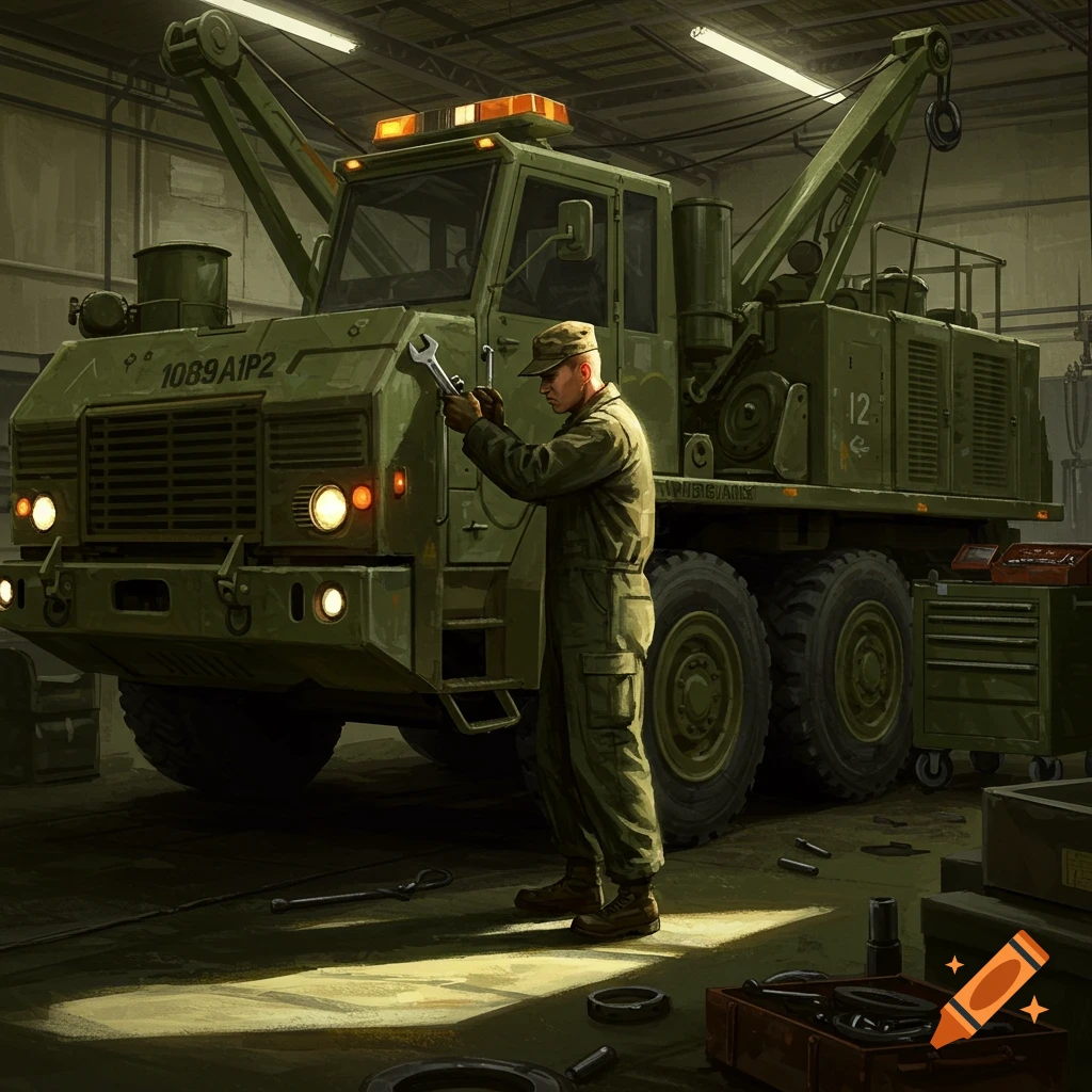 An army mechanic in uniform works on a large green military wrecker truck in a dimly lit workshop, holding a wrench.