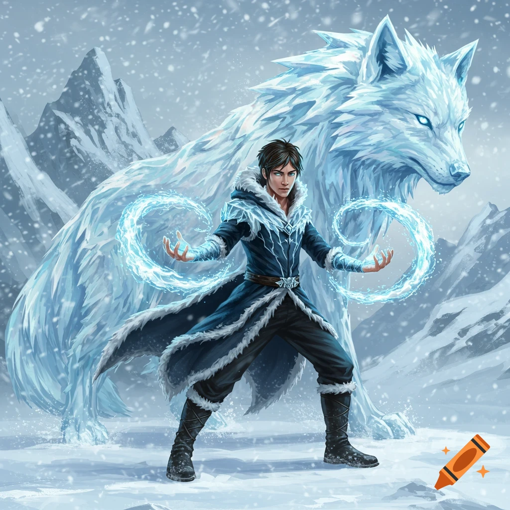 A young man with ice powers and an ice wolf behind him in a snowy mountain landscape, digital art.