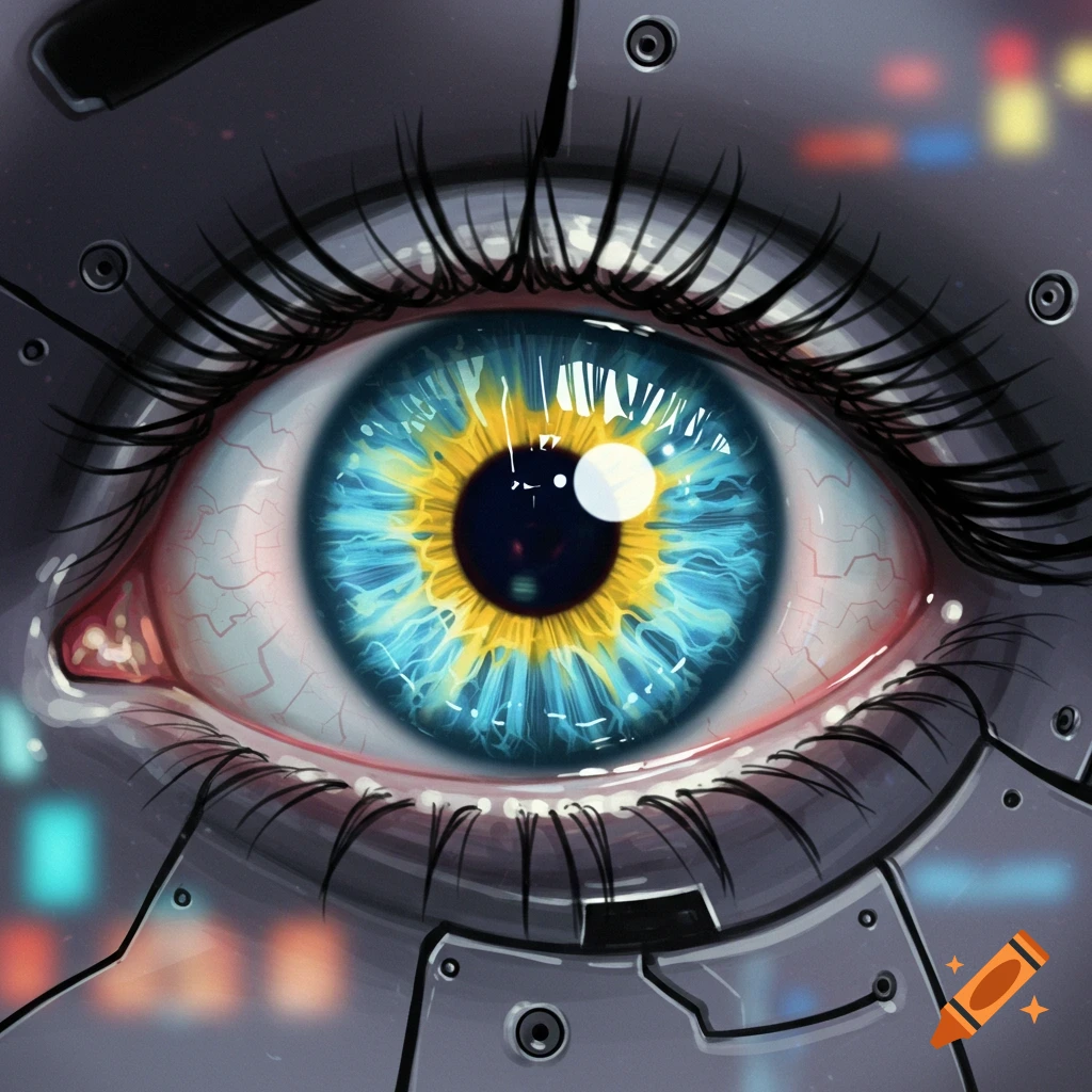 Close-up of a vibrant blue and yellow robotic eye with long eyelashes, set in a metallic casing with blurred digital displays.
