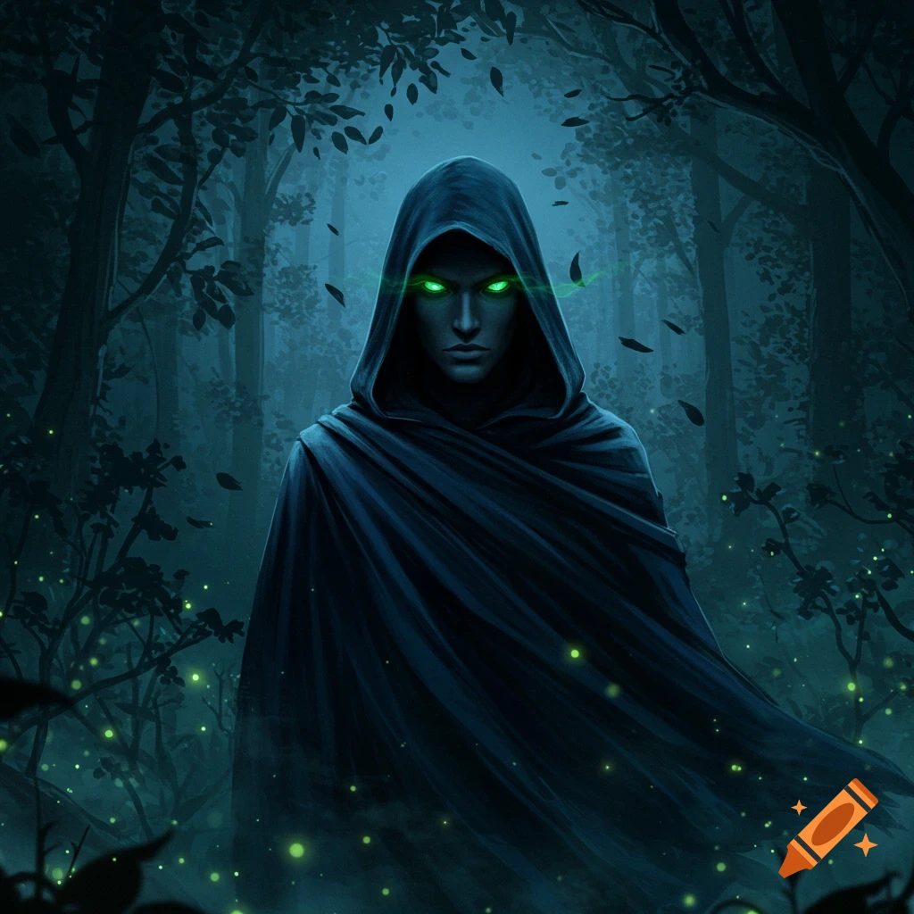 A mysterious cloaked figure with glowing green eyes stands in a dark, misty fantasy forest, digital art.