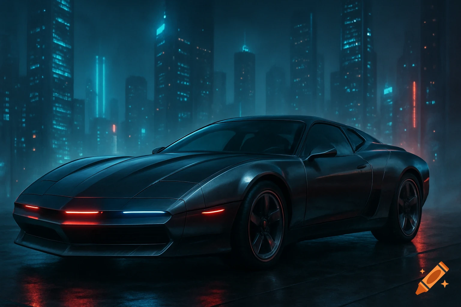 A sleek, dark futuristic sports car with glowing red and blue lights, parked in a neon-lit cyberpunk city at night.