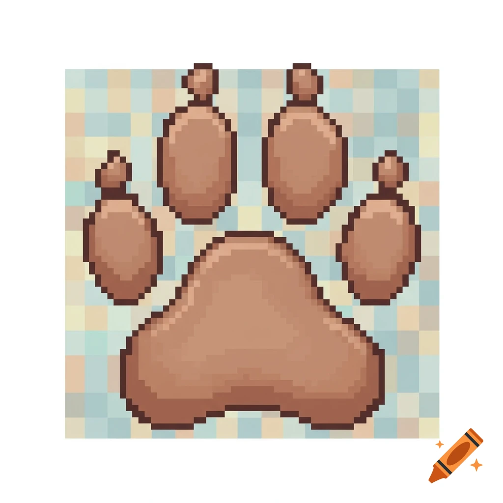 A brown pixel art paw print on a light blue and yellow checkered background.