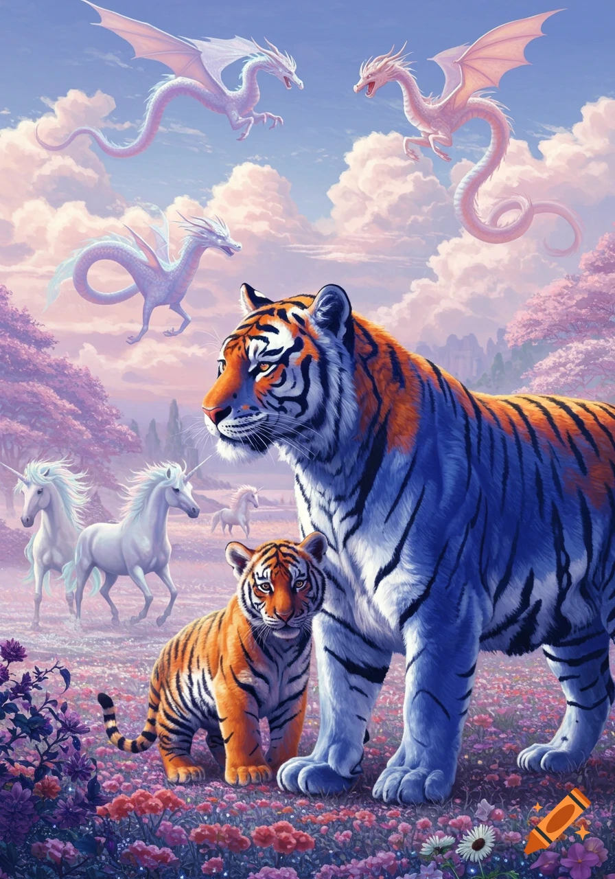 Blue and orange tiger and cub in a dreamlike flower field with unicorns, under a sky with flying dragons.