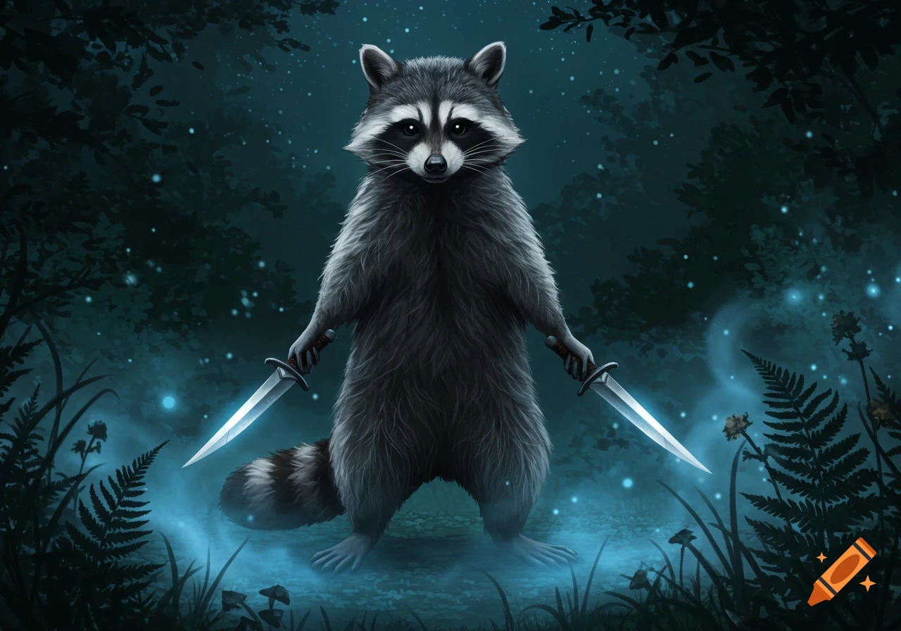 A bipedal raccoon stands in a dark, misty forest holding two glowing daggers, one in each hand.