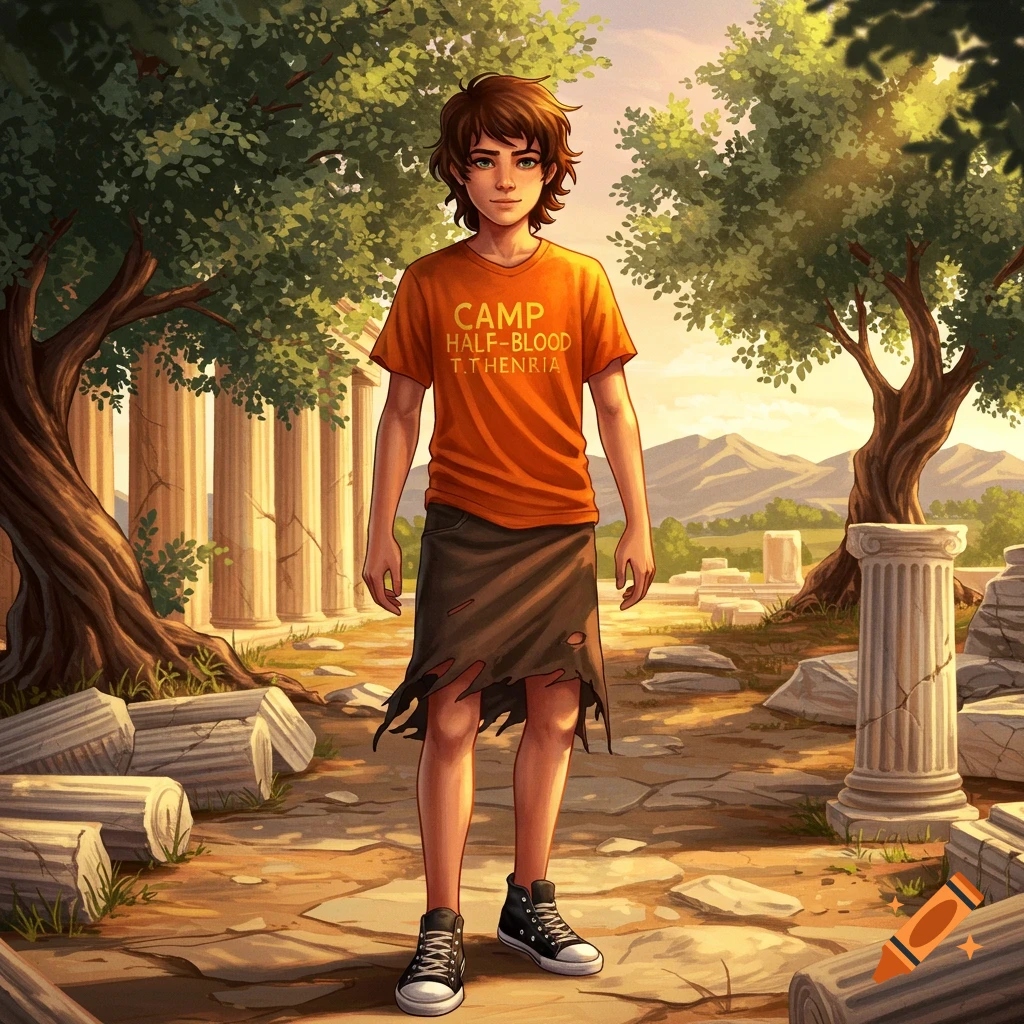 An illustrated young boy with brown hair, wearing an orange 'CAMP HALF-BLOOD' t-shirt and a torn brown skirt, stands in ancient ruins.