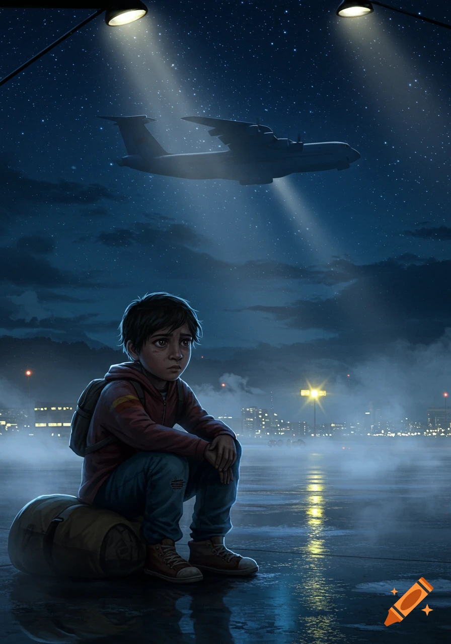 Illustration of a sad boy sitting on a bag on a wet airport tarmac at night, with an airplane flying overhead and city lights in the distance.