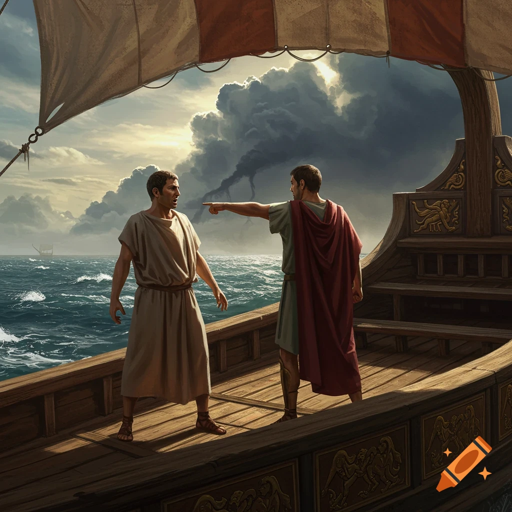 Two Roman men on an ancient sailing ship's deck, one points at a looming black cloud over the stormy ocean, painted style.
