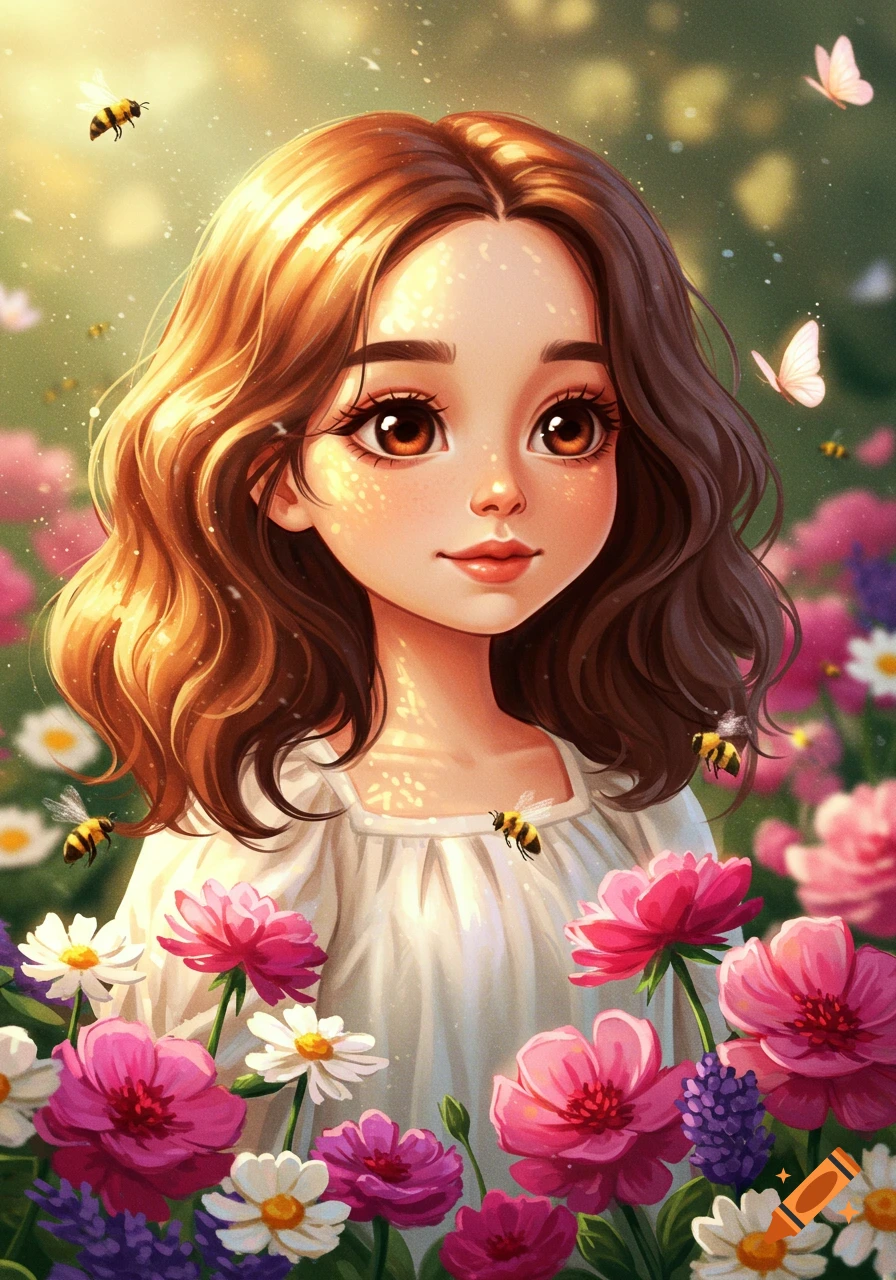 A cute cartoon girl with brown hair stands in a vibrant flower field with bees and butterflies, bathed in golden light.