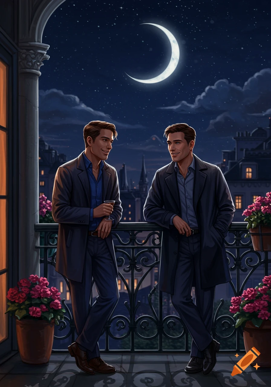 Illustration of two men talking on a balcony at night, with a crescent moon and city lights in the background, surrounded by potted flowers.