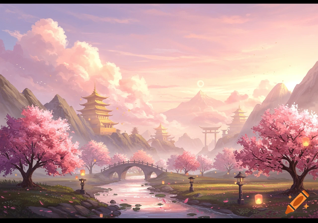 A vibrant anime-style landscape featuring pagodas, a torii gate, and cherry blossom trees along a river, under a pink and orange sky.
