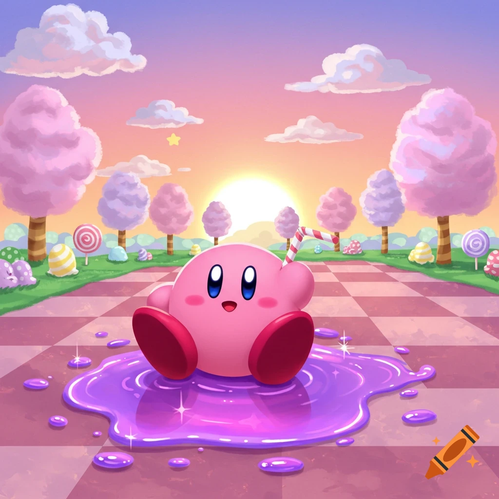 Kirby sits in a shiny purple puddle, holding a striped straw, in a vibrant candy land with cotton candy trees under a sunset.