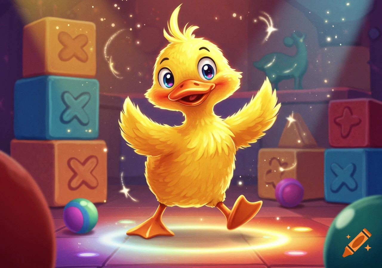 A happy, fluffy yellow cartoon duck with blue eyes dances in a colorful playroom with glowing lights and building blocks.