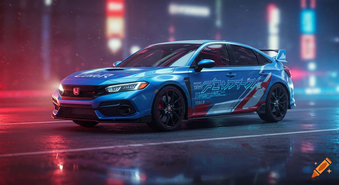 A blue Honda Civic Type R with a red and white racing livery and Japanese text, parked on a wet street with red and blue neon lights reflecting around it.
