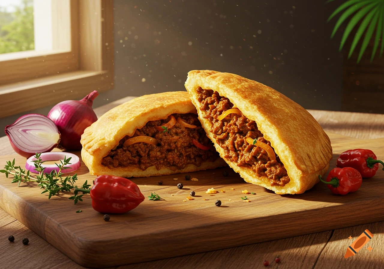 Two golden-brown beef patties filled with ground meat, alongside red onions, peppers, and thyme on a wooden board.
