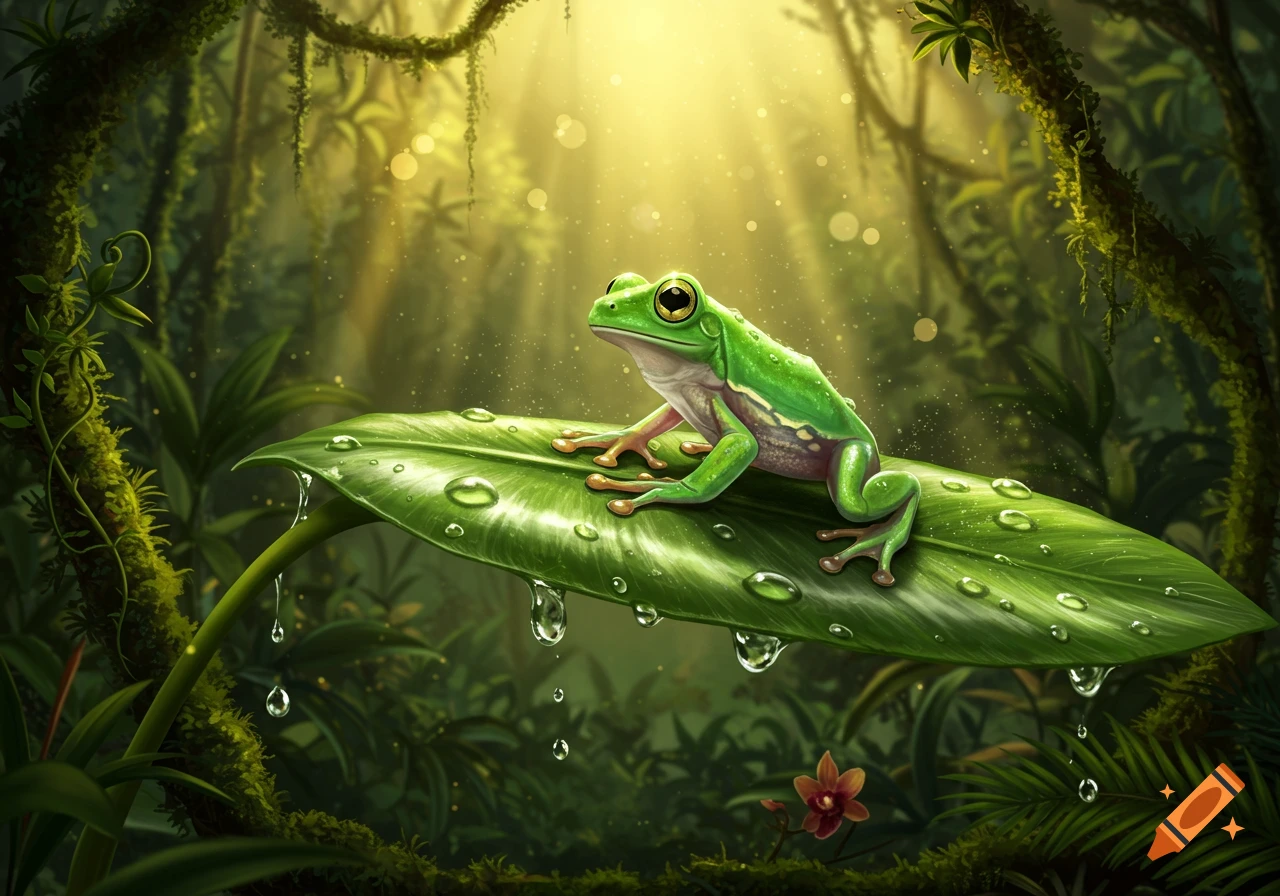 A bright green frog sits on a large, dew-covered leaf in a sun-dappled rainforest, painted style.