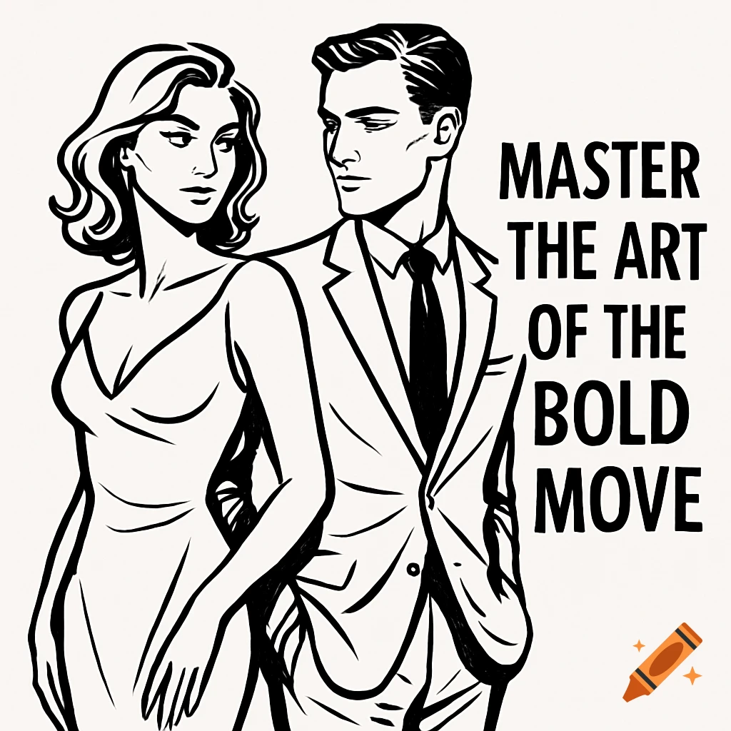 Black and white line art illustration of a man in a suit and a woman in a dress, with the text 'MASTER THE ART OF THE BOLD MOVE'.