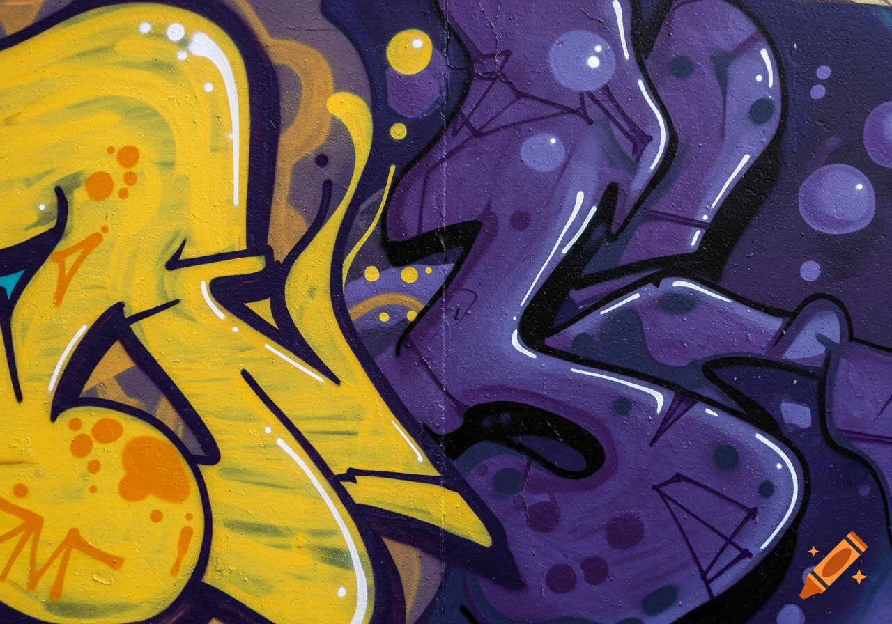 Vibrant yellow and purple abstract graffiti art covers a wall.
