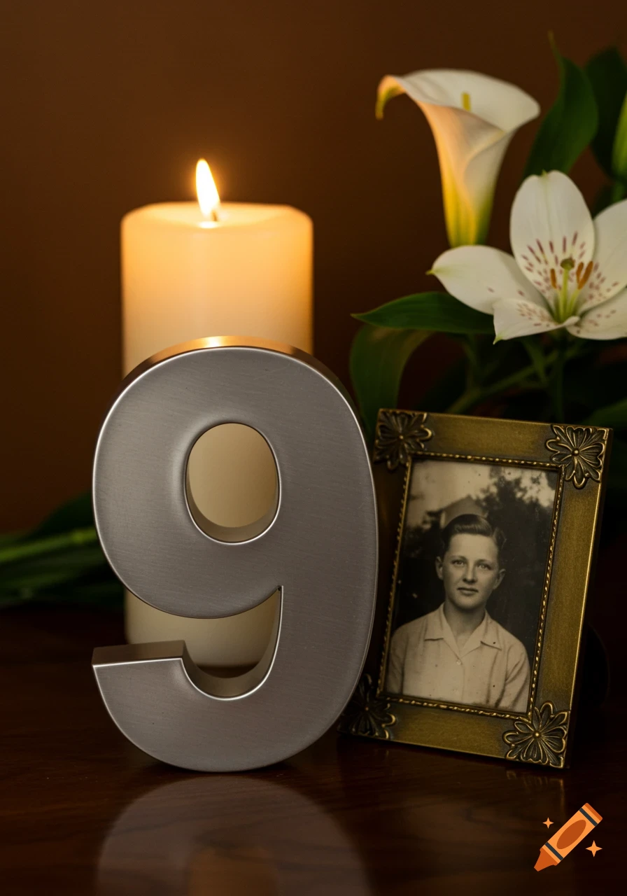 Photorealistic image of a metallic number 9, a lit candle, white lilies, and a framed black and white photo of a young man on a wooden surface.