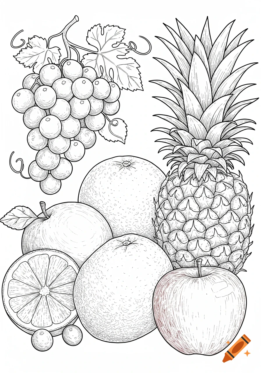 Line art of various fruits including grapes, pineapple, oranges, and apples, for a coloring book.