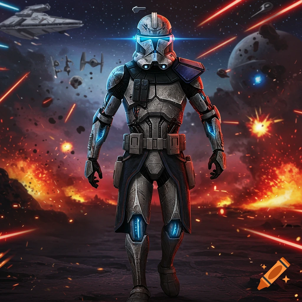 A cybernetically enhanced Star Wars Clone Trooper stands amidst a chaotic space battle with explosions and laser fire.