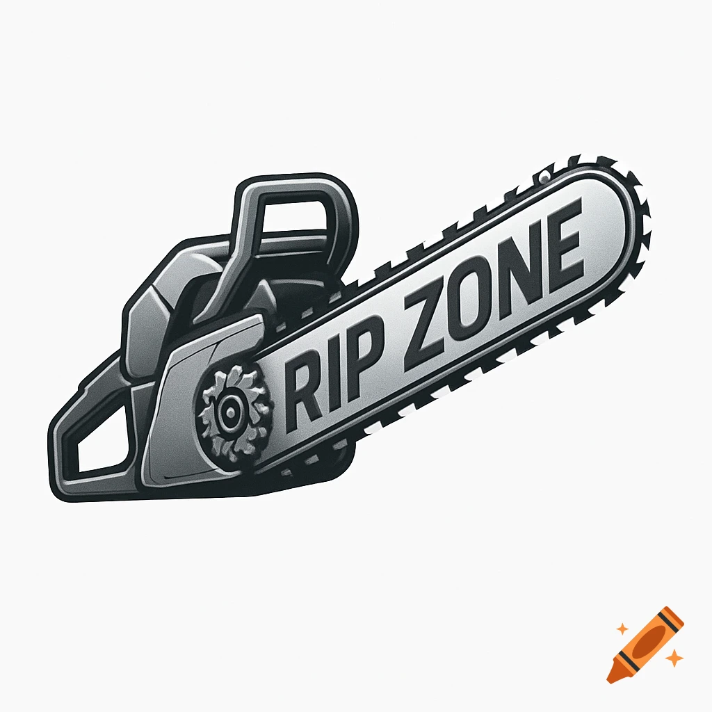 Stylized gray chainsaw logo with "RIP ZONE" on the blade, on a white background.