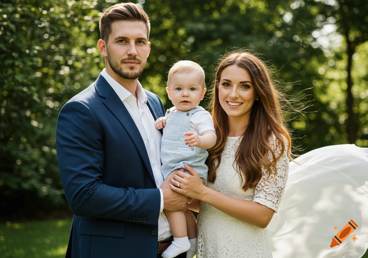 Photorealistic portrait of a smiling family with a baby, man in suit, woman in white lace dress, outdoors with green trees.