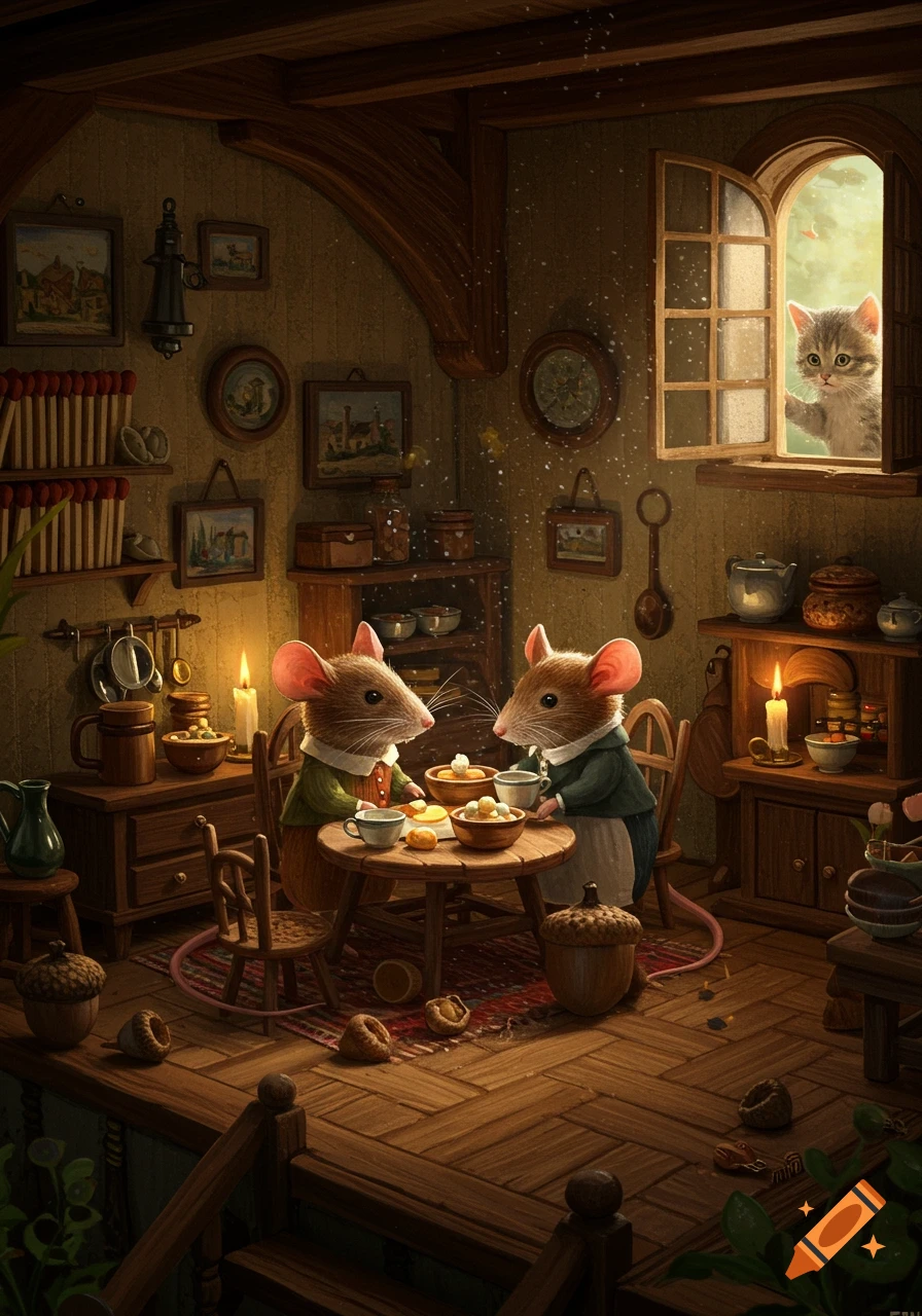 Two anthropomorphic mice in a cozy, detailed room, sitting at a table with food, as a kitten peeks through an open window.